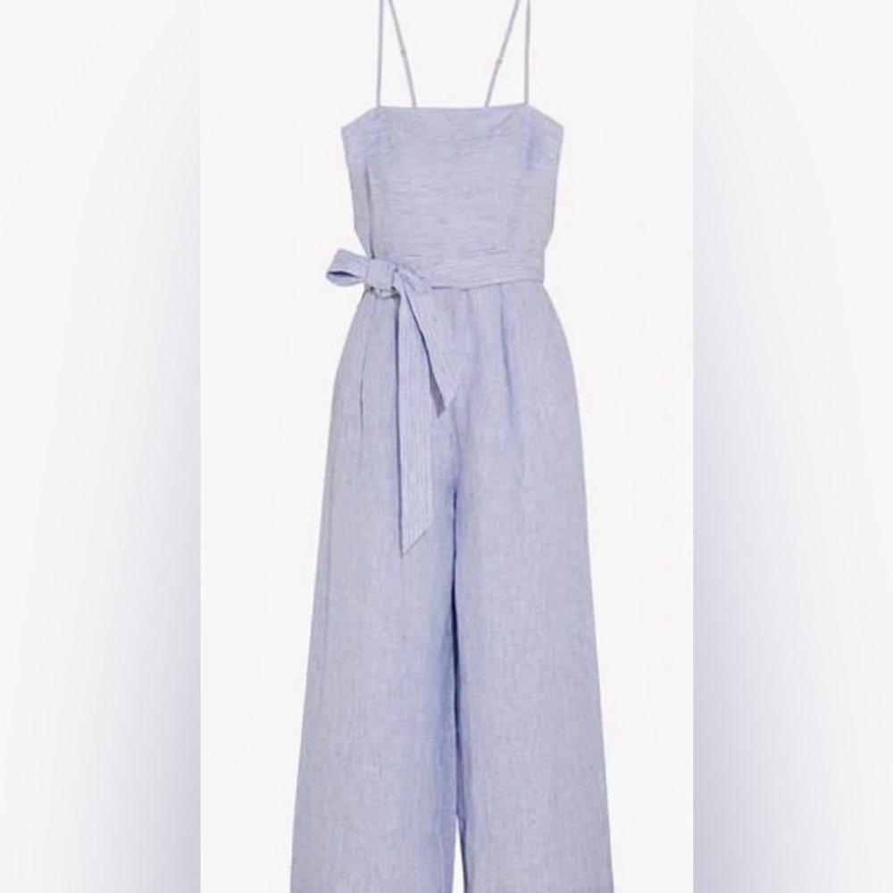 J.Crew Women's Jumpsuit Romper Blue White Pinstriped Linen Tie-Waist Marseille